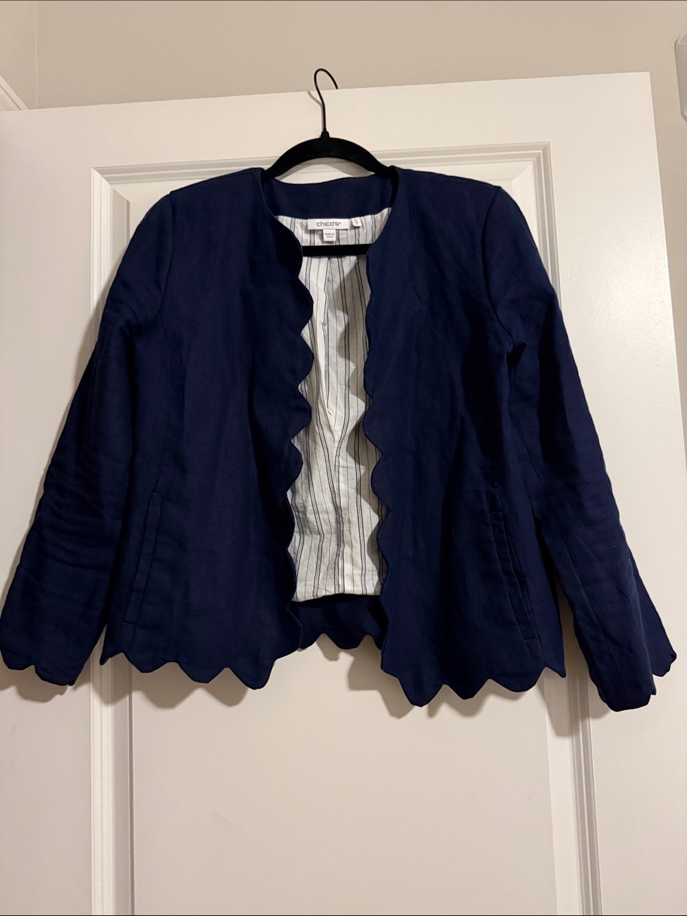 Chico's Navy Scalloped Linen Open-Front Blazer